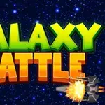 星空を背景に、緑とオレンジ色の立体的な文字で「GALAXY BATTLE」と描かれ、右下には爆発と宇宙船のイラストがある。