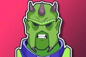 緑色の肌と紫色の突起を持つキャラクターが、赤い背景の前に描かれている。