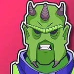 緑色の肌と紫色の突起を持つキャラクターが、赤い背景の前に描かれている。