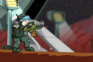 宇宙船の中で銃を持つ宇宙服を着たキャラクター。