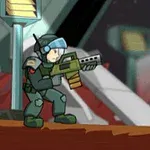 宇宙船の中で銃を持つ宇宙服を着たキャラクター。