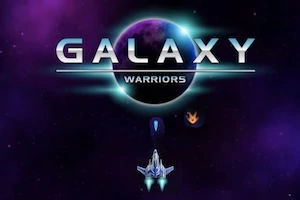 紫色の宇宙空間を背景に、中央上部に大きく「GALAXY WARRIORS」の文字があり、その下に宇宙船が配置されている。