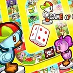 カラフルなボードゲームの上に、帽子をかぶったアヒルのキャラクターとサイコロが描かれたイラスト。
