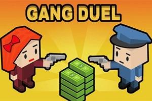 赤い髪の女性と青い帽子をかぶった警察官風のキャラクターが、紙幣の山を挟んで銃を向け合っているイラスト。