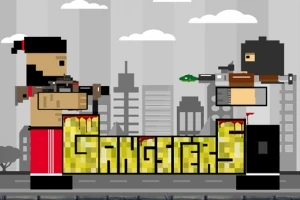 2人のピクセルアートのキャラクターが銃を構え、都市のビル群を背景に「Gangsters」という文字が中央に配置されている。