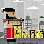 2人のピクセルアートのキャラクターが銃を構え、都市のビル群を背景に「Gangsters」という文字が中央に配置されている。