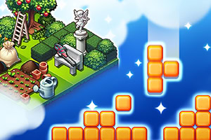 庭の片隅に立つ彫像とベンチ、レンガのような落下ブロックを背景にした、木々や農具が配置された庭の風景。