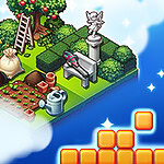 庭の片隅に立つ彫像とベンチ、レンガのような落下ブロックを背景にした、木々や農具が配置された庭の風景。