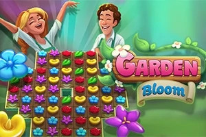 楽しそうに笑う二人のキャラクターと色とりどりの花が並ぶパズルボードのイラスト。