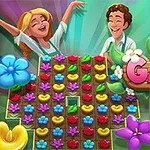 楽しそうに笑う二人のキャラクターと色とりどりの花が並ぶパズルボードのイラスト。