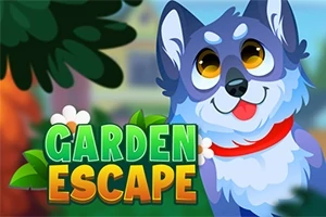 青い犬と「GARDEN ESCAPE」の文字が描かれた明るいイラスト。