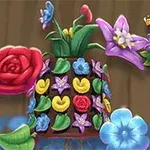 色とりどりの花々で装飾されたベル型のオブジェクトと、右上にあるカラフルなロゴ。