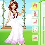 白いドレスを着た女性がブランコに座っており、髪型や服装を選ぶためのインターフェースが表示されています。