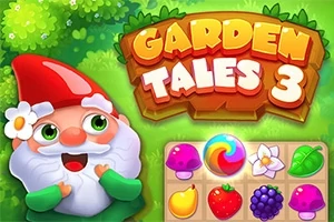 庭の妖精とフルーツや花のアイコンが並ぶカラフルなゲームのタイトル画面。