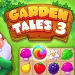 庭の妖精とフルーツや花のアイコンが並ぶカラフルなゲームのタイトル画面。