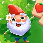 カラフルな帽子をかぶった妖精が果物の描かれたブロックと一緒に庭に立っている。
