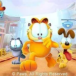オレンジ色の猫が街中を他の二匹の動物と一緒に走っているイラスト。