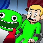 緑色のキャラクターの仮面を外されて驚いた表情をしている人物が描かれた漫画スタイルのイラスト。