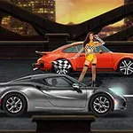都会の背景を背に、レースカーが並び、チェック柄の衣装を着た女性が立っている。