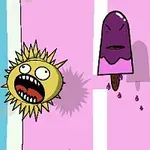 紫色のアイスキャンディーがピンクの背景の中央にあり、左側に怒った表情の太陽のような顔があるイラスト。