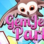 フクロウとカラフルな宝石のイラストが描かれたピンク色の文字デザイン。