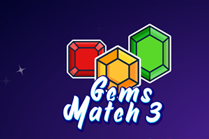 赤、オレンジ、緑の3つの宝石と「Gems Match 3」の文字が紫の背景に配置されています。