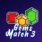 赤、オレンジ、緑の3つの宝石と「Gems Match 3」の文字が紫の背景に配置されています。