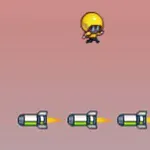 黄色いヘルメットをかぶったキャラクターが4つのロケットの上をジャンプしている。