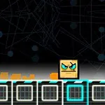 怒った表情の立方体が青いグラフィックのプラットフォームに乗っている。