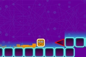 紫色の背景に、光るエッジの四角いブロックの上に黄色い表情のあるブロックがあり、赤い矢印が先に向かっている。