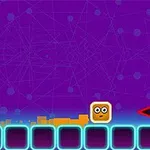 紫色の背景に、光るエッジの四角いブロックの上に黄色い表情のあるブロックがあり、赤い矢印が先に向かっている。