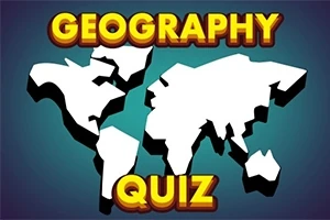 白い世界地図のシルエットと「GEOGRAPHY QUIZ」のテキストが表示されている青い背景。