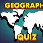白い世界地図のシルエットと「GEOGRAPHY QUIZ」のテキストが表示されている青い背景。