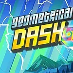 青と緑の背景に、カラフルな立方体と雷のエフェクトが描かれた幾何学的なデザインのポスター。