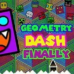 カラフルな背景に、紫の四角い顔と「GEOMETRY DASH FINALLY」という文字がデザインされた画像。