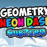 カラフルな文字で「GEOMETRY NEON DASH SUBZERO」と書かれた図形を含むタイトル画面。