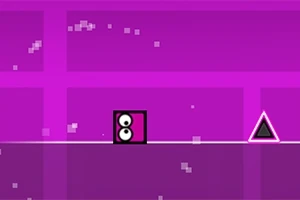 紫色の背景に白いラインの上を進む目のある四角いキャラクターと三角形の障害物。