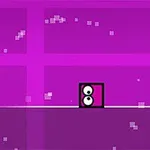 紫色の背景に白いラインの上を進む目のある四角いキャラクターと三角形の障害物。