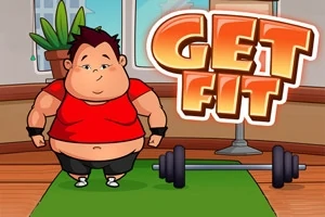赤いシャツを着たキャラクターが緑のトレーニングマットの上に立ち、ダンベルと「GET FIT」の文字が表示されている。