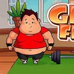 赤いシャツを着たキャラクターが緑のトレーニングマットの上に立ち、ダンベルと「GET FIT」の文字が表示されている。