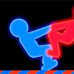赤い人形と青い人形が黒い背景の上で絡み合っている光るイラスト。