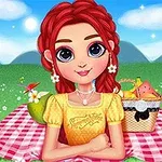 赤い髪の少女がピクニックブランケットに座り、背景に山々が広がる緑の草原とピクニックバスケットがあります。