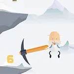 禿げたキャラクターがピッケルを持ち、断崖を背景に空中に浮かんでいるイラスト。