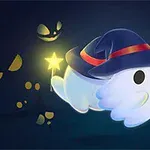 魔法の帽子をかぶった青白い可愛い幽霊が光るスターを持っているイラスト。