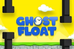 黄色い背景に黒い障害物と「GHOST FLOAT」という青い文字が描かれているデザイン。