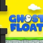 黄色い背景に黒い障害物と「GHOST FLOAT」という青い文字が描かれているデザイン。