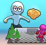チェスボード模様の床の上に立つピンク色の小さなキャラクターと、その後ろに笑顔の大きなキャラクターが金色の物体を持っている場面。