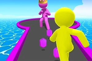カラフルなキャラクターが鍵穴型の道を走り、海と空の背景に宝石を集めている様子。
