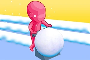 赤いキャラクターが大きな雪玉を押している。