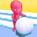赤いキャラクターが大きな雪玉を押している。
